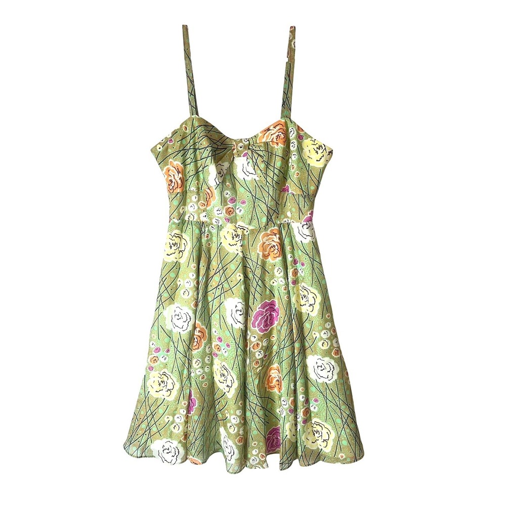 Girls from Savoy Anthropologie Green Floral Silk Fit and Flare Dress Size 8 - Picture 2 of 8